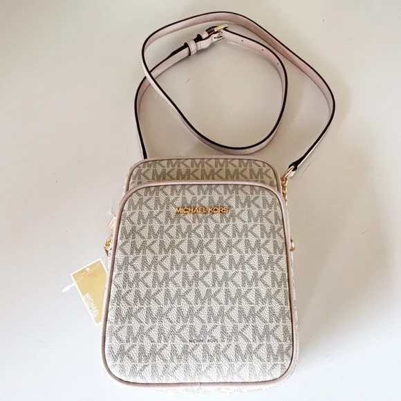 Michael Kors Jet Set Travel MD Flight Chain Crossbody Bag MK Vanilla/Pink - Picture 7 of 15